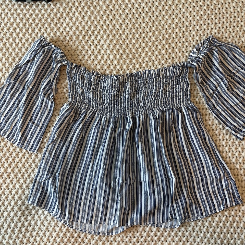 Perfect for Summer! Lightweight striped off the shoulder blouse